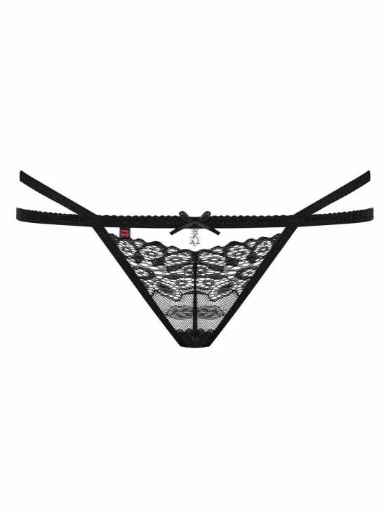 Obsessive Lingerie [ UK 6 - 12 ] Black Lace Strappy Thong & Diamante Bow (838...