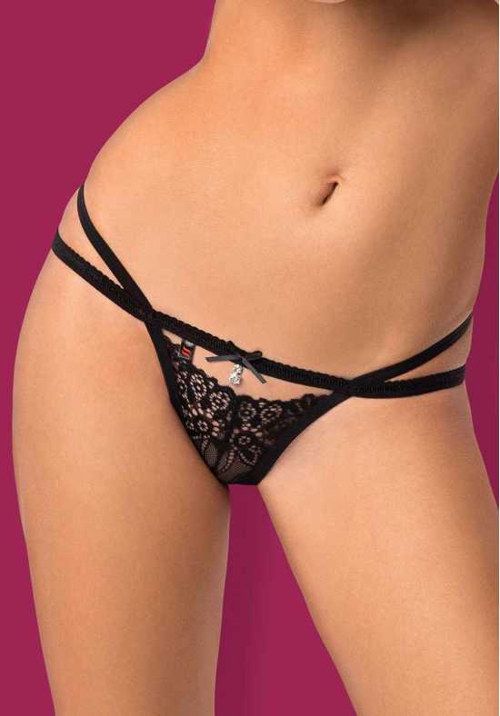 Obsessive Lingerie [ UK 6 - 12 ] Black Lace Strappy Thong & Diamante Bow (838...