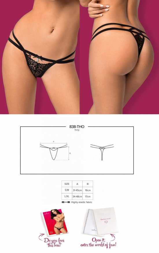 Obsessive Lingerie [ UK 12 - 18 ] Black Lace Strappy Thong & Diamante Bow...